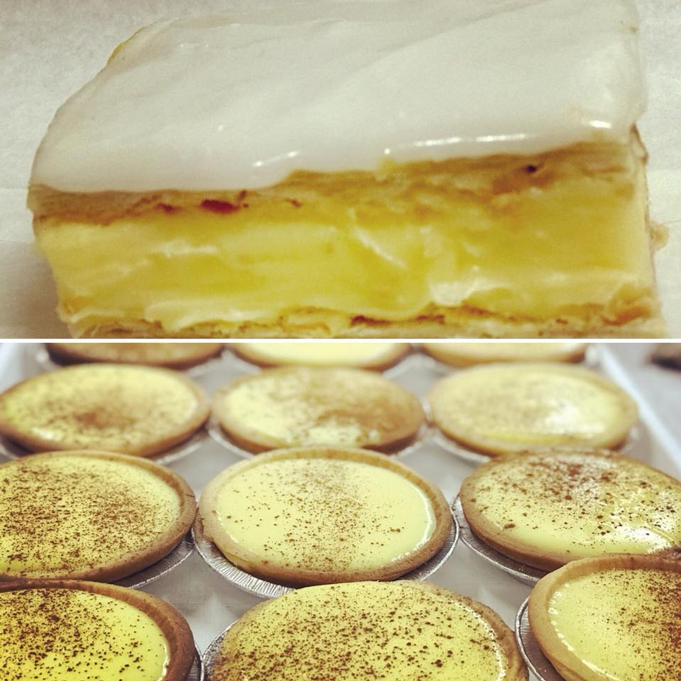 Vanilla slice and custard tarts on a baking tray