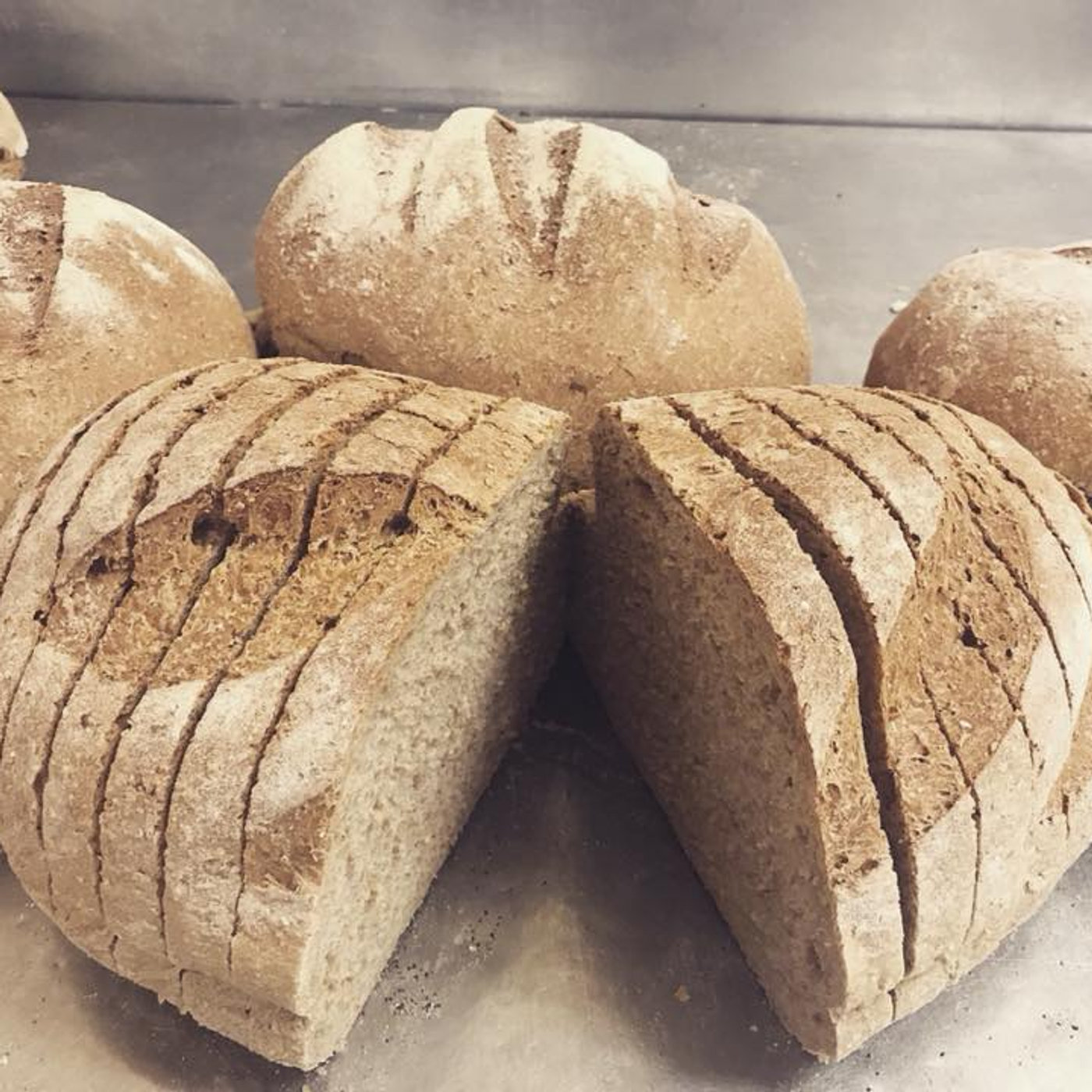 Wholemeal sourdough cut open showing the crumb